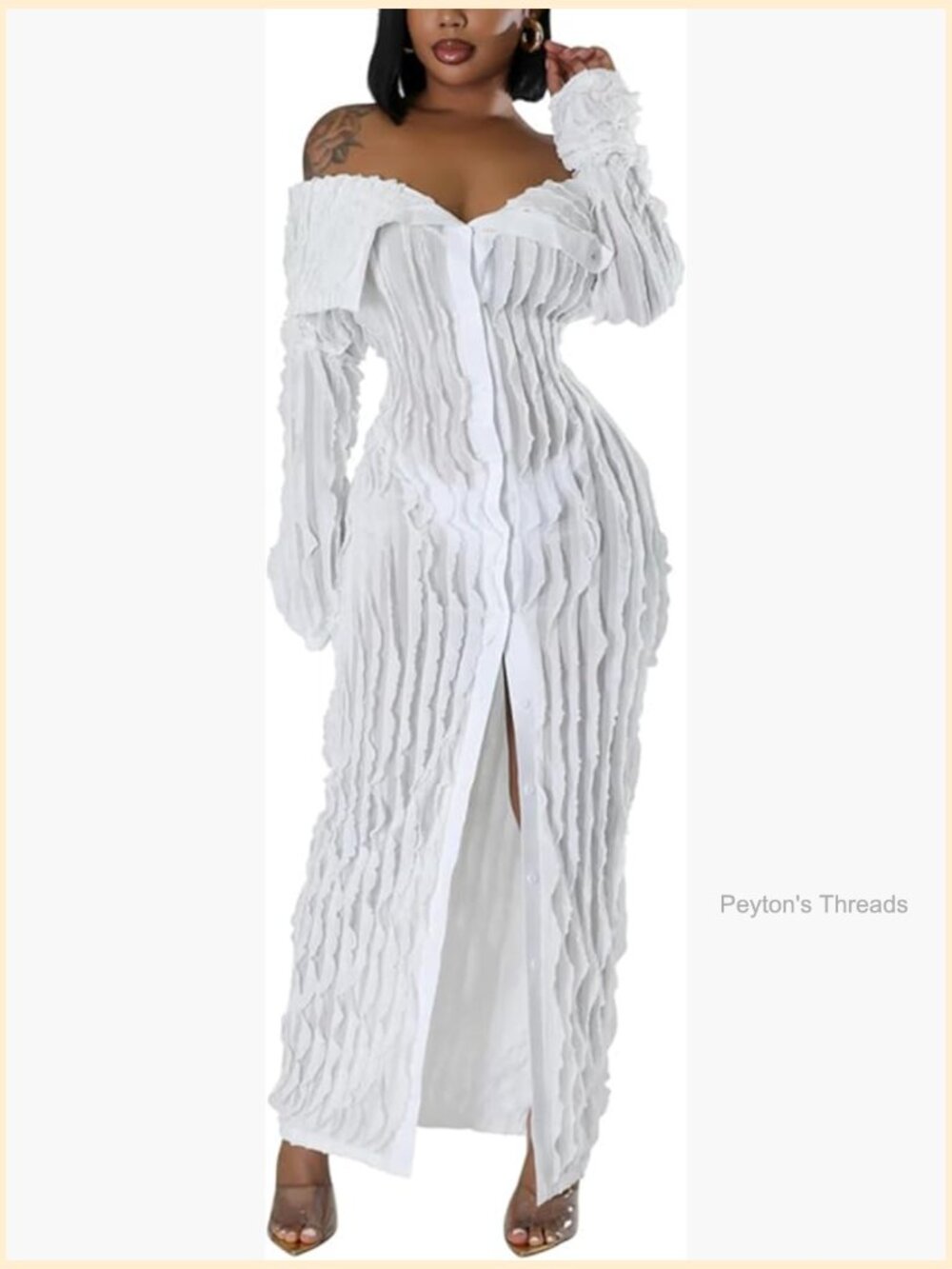 Off Shoulder Maxi Dress Long Sleeve Button Down Ruffle Mesh Bodycon Sexy - Picture 1 of 7